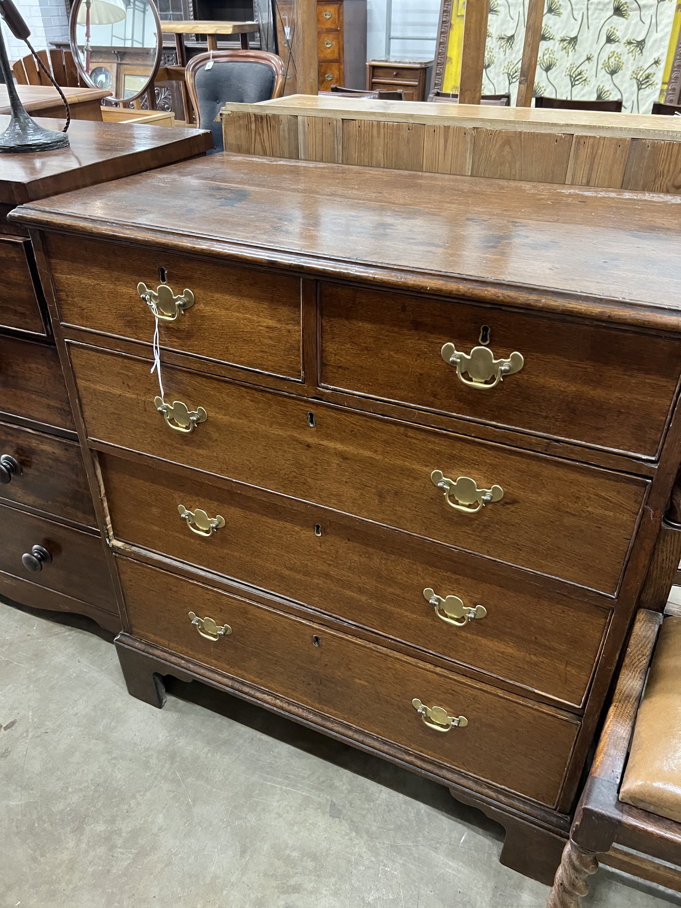A George III oak five drawer chest, width 92cm, depth 52cm, height 101cm